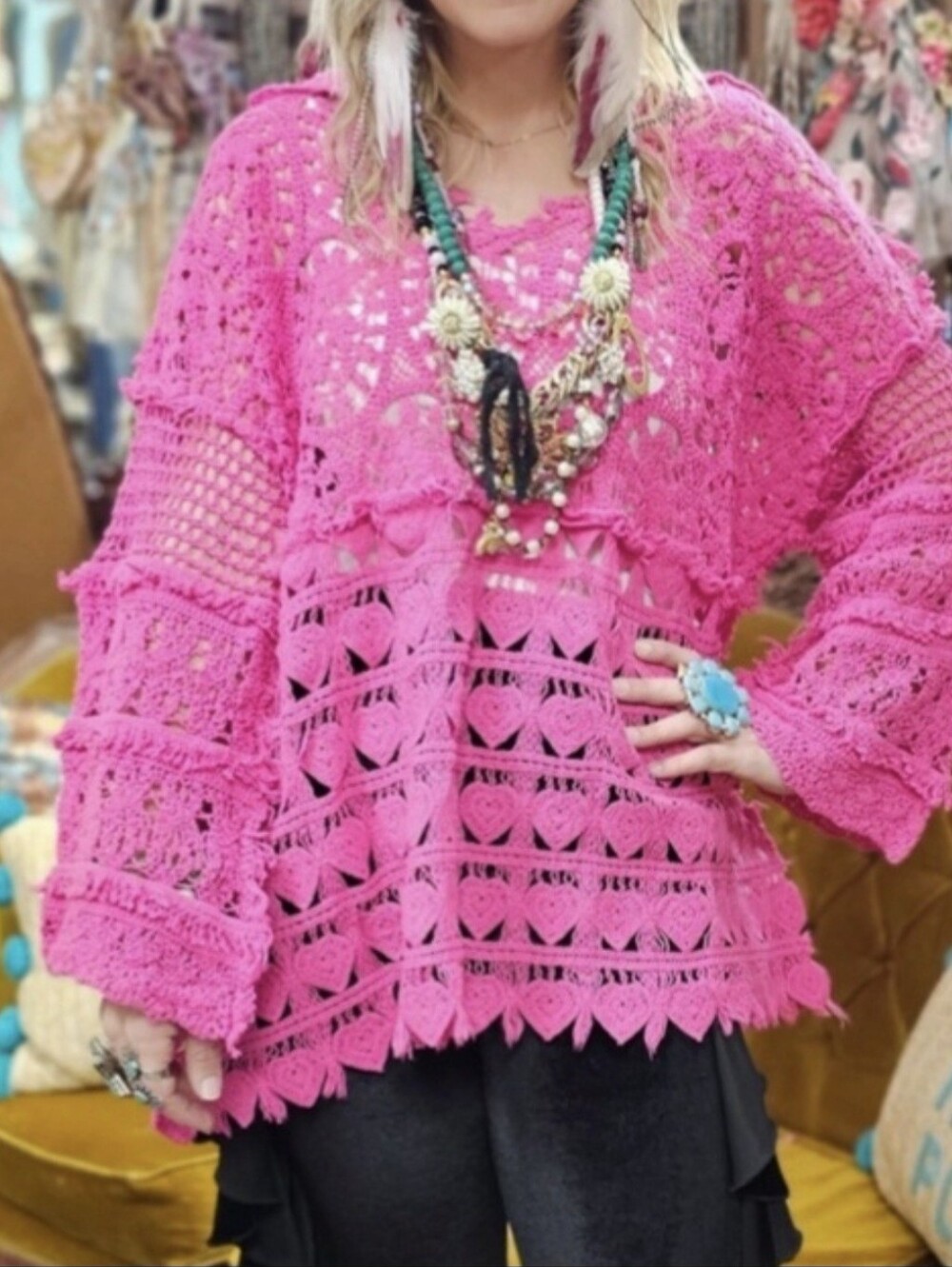 NWT A Rare Bird Hand Crochet Magenta Heart Top | One Size| Up to 2x